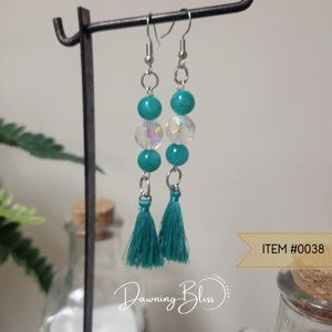Teal Jasmine Beaded Oversized Dangle Fringe Earrings- Tineka Dawn